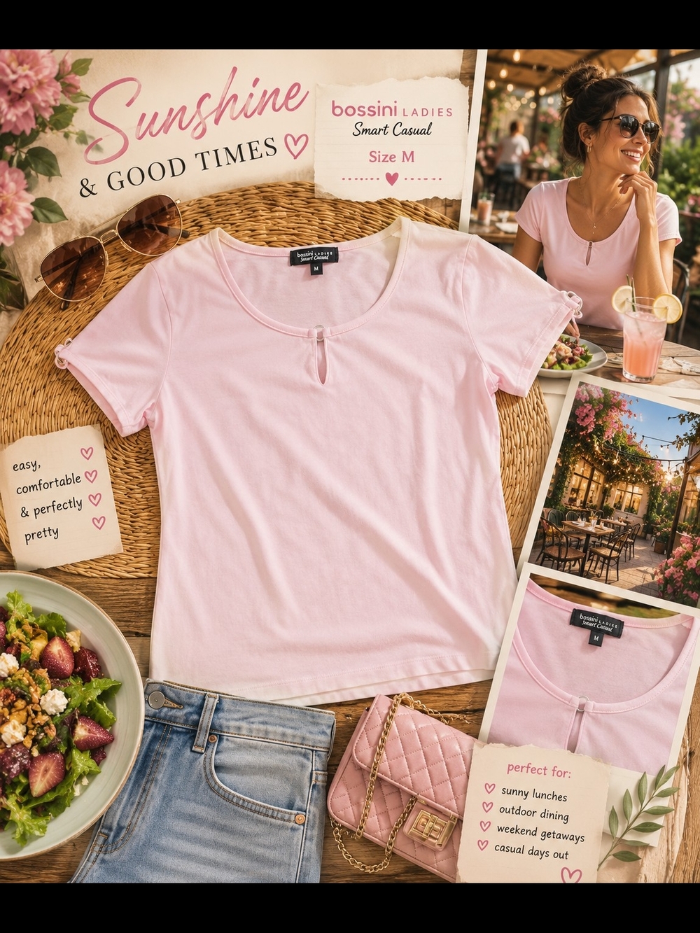 Bossini Ladies Pink Short Sleeve Tee with Front Keyhole